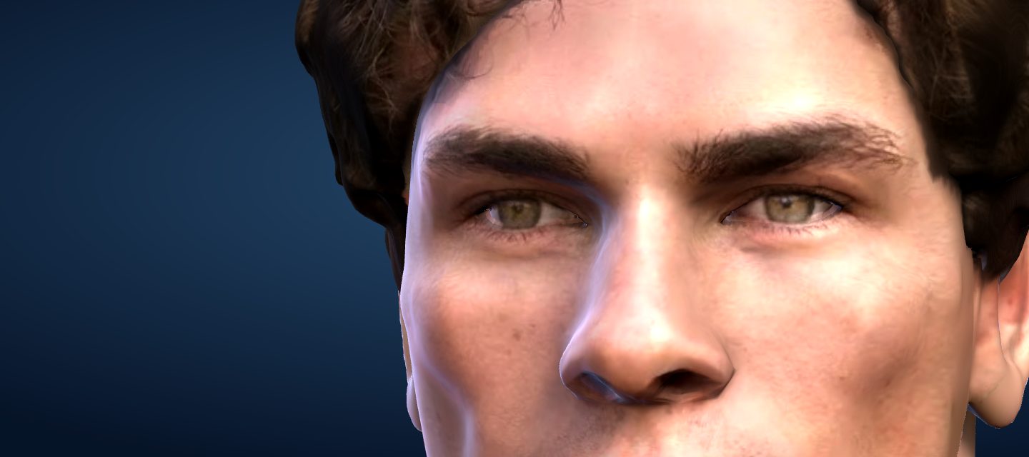 Close-up of the cover face’s green eyes and brows